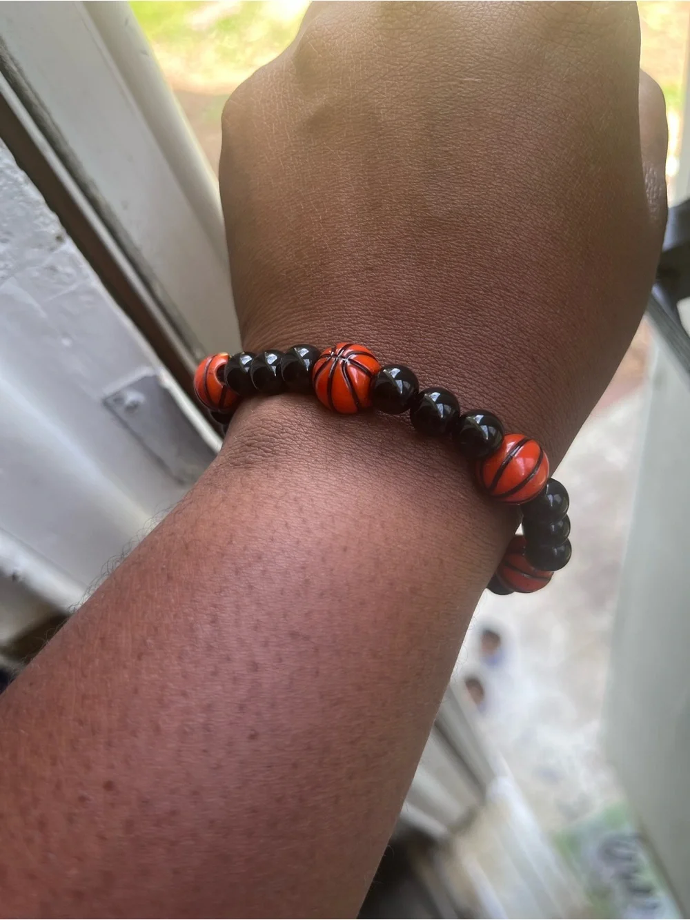 Men's Black and Orange Bead Bracelet with Basketball Accents